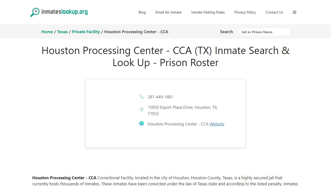 Houston Processing Center - CCA (TX) Inmate Search & Look Up - Prison ...